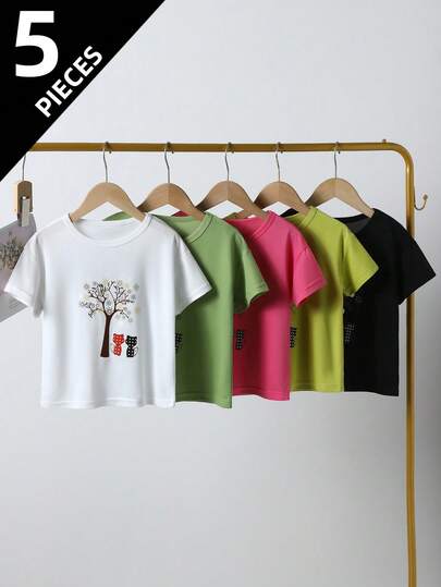 5pcs/Set Girls Summer Lightweight Short Sleeve T-Shirts, Casual Outdoor Tops Suitable For Girls And Boys Aged 4-12