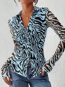 Women Button Down Floral Shirts  Fall Long Sleeve V Neck Ruched Fitted Mesh Blouse Tops Date Outfits Valentine's Day Vacation Fall Clothes For Women - 藍底黑斑馬紋 - 查看 1