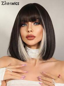 7JHH WIGS 12英寸深棕色波波头假发，女士款 - 优雅混色金色挑染短直发假发，带刘海，高品质丝滑耐热合成假发，适合日常佩戴、音乐节、庆典和街头时尚，派对假发配饰 - 彩色 - 查看 2