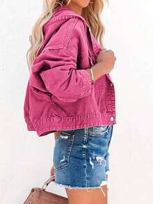 Chaqueta bomber informal de mezclilla verde lavada para mujer, con capucha, manga larga, corte regular y elasticidad media. - Rosa Fucsia - Ver 4