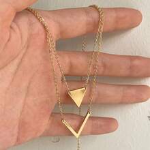 Personalized Double-Layer V-Shaped Necklace, Custom Engraved Name Triangle Pendant Necklace, Necklace For Women, Elegant Double-Layer Pendant Necklace, Geometric Accessory Gift, Mother's Day Gift, Stainless Steel Material, Summer Jewelry, Beach Accessory For Women - Multicolor - View 7