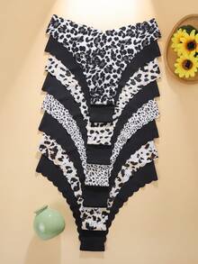 8pcs/Pack - Women's Seamless Leopard Print & Solid Color Wavy Trim Comfortable Smooth Fabric Triangle Panties - Multicolor - View 2