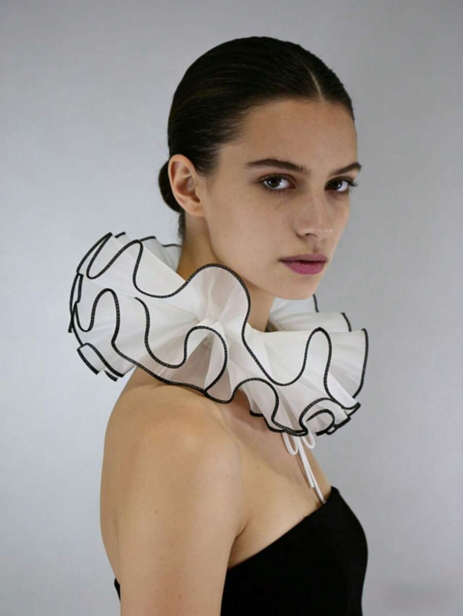 1pc Black & White Ruffled Collar, New Chiffon Collar Accessory, Versatile & Sweet Scarf For Women, Wedding & Party
