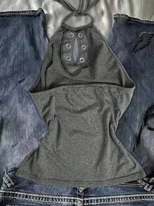 Women's Y2K Retro Halter Spicy & Sweet Niche Sexy Fitted Chicken Eye Design Camisole - Grey - View 3