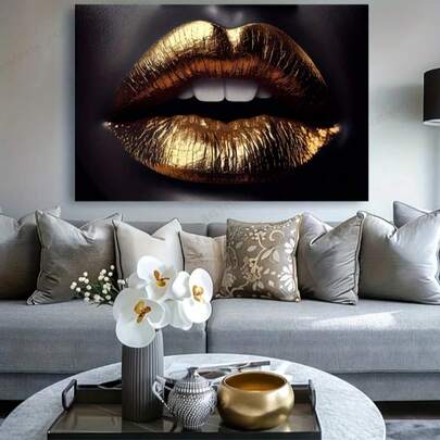 Golden Lips Portrait Canvas Art- Frameless Modern Wall Decor For Living Room & Bedroom - For Art Lovers - Perfect Gift For Housewarming & Birthday