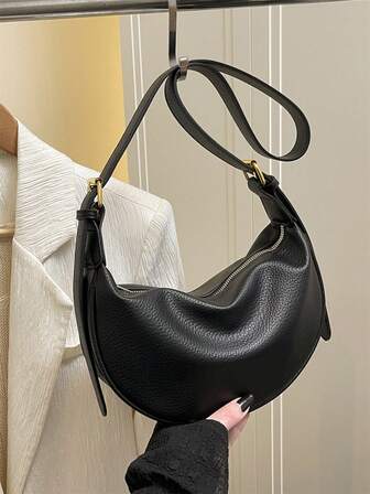 1 pieza Bolso de hombro en forma de dumpling de cuero PU para mujer, unicolor, correa ajustable, adecuado para el uso diario