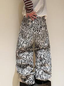 1件复古水洗印花阔腿牛仔裤，男士休闲宽松裤，通勤百搭，四季皆宜（不含腰带和配饰） - 白色 - 查看 8