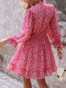 ChicMe Women's Ditsy Floral Deep V-Neck Lantern Sleeve Ruched Waist Ruffle Hem Mini Casual Vacation Dress - Pink - View 2