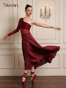 DonsGirl 1 bộ áo liền quần múa ba lê Hồ Thiên Nga cho nữ, chất liệu sequin lấp lánh và vải lưới phối hợp, thiết kế bất đối xứng, một tay áo có vòng đeo ngón tay, lý tưởng làm quà tặng cho buổi biểu diễn/tiệc tùng mùa xuân. - Màu Đỏ Sâu - Xem 11