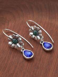 1 Đôi bông tai thời trang cổ điển màu bạc với mặt dây chuyền hình hoa nhỏ giọt nước màu xanh dương, kiểu dáng Bohemian thanh lịch dành cho nữ, thích hợp làm quà tặng dự tiệc ngày lễ. - Hoa tai - Xem 4