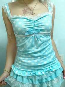 Women Y2k Fairy Grunge Lace Trim Cami Tank Top Lacey Cutecore Camisole Tops Coquette Aesthetic Baby Doll T-Shirts 2000s Teens Girl Fairycore Vintage Clothes - 薄荷藍 - 查看 2