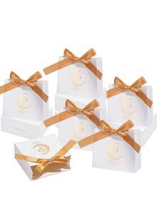 10pcs/Set Star & Moon Gift Box, Castle Pattern, Gold & White, DIY Candy Paper Box With Ribbon Bow, Gift Packaging, 1pc/5pcs/10pcs Set - Multicolor - View 6