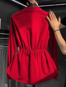 Women's Red Long Sleeve Waist Tie Elegant Blouse, Suitable For Valentine's Day, Commuting, Slim Fit, Spring/Summer - Red - View 3