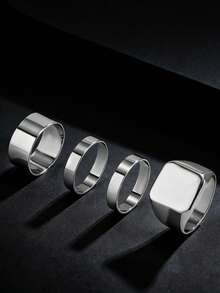 4pcs Minimalist Hip-Hop Style Smooth Wide Rings, Men's Everyday Versatile Accessory - Silver - View 1