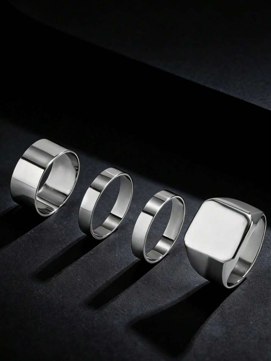 4pcs Minimalist Hip-Hop Style Smooth Wide Rings, Men's Everyday Versatile Accessory - Silver - View 1