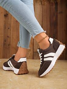 Shoes Retro Chunky Sneakers Instep Bulky Running Sneakers For Women, Shoes For Women,Women's Comfortable Lace-Up Sneakers - Lightweight Multifunctional Casual Shoes, Non-Slip Rubber Sole, Suitable For All Seasons - 棕色 - 查看 3