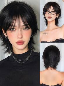 12-Inch Short Mullet Head Wigs With Bangs Synthetic Straight Women Black Short Hair Wig For Daily Party Cosplay - Black - View 2