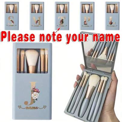 5pcs Personalized Travel Makeup Brush Set, Custom Name Cosmetic Brush Holder With Mirror, Large Capacity Plastic Organizer Case, With DIY Apricot For Foundation, Eye, Nose, Smudge, Shadow Brushes
