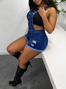 Women's Stretchy Slim-Fit Ripped Cuffed Denim Overalls, Casual Age-Reducing Jumpsuit - 中等水洗藍 - 查看 6