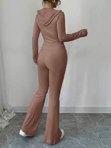 abyoxi 两件套纯色连帽拉链外套和喇叭裤，时尚休闲运动装，适合户外、街头、运动、日常穿着，展现个人魅力，女士秋冬装 - 駝色 - 查看 2