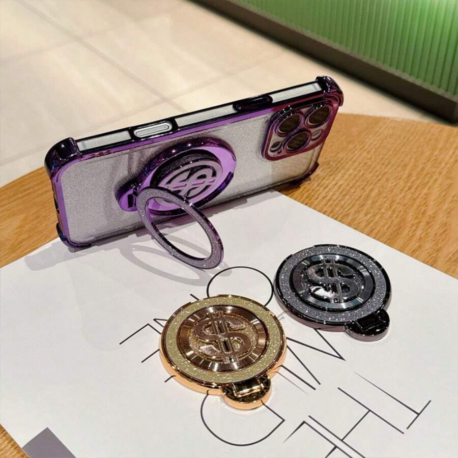 US Dollar Phone Holder, CD Texture Adhesive Metallic Phone Case, Rotatable Finger Ring Desk Phone Stand, Stress Relief Glitter Phone Case - Multicolor - View 1