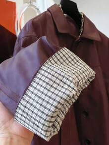 宽松休闲格子拼接PU皮领夹克