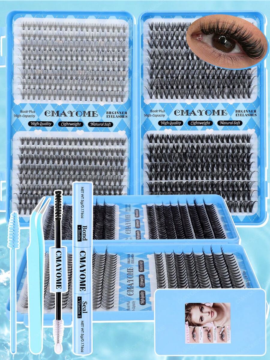640/592/576片假睫毛套装，高容量假睫毛，居家DIY，包含睫毛胶、定型液、睫毛刷、镊子，新手友好型睫毛嫁接套装，打造蓬松浓密自然的睫毛效果，便携旅行装，混合款式睫毛+睫毛胶+睫毛刷