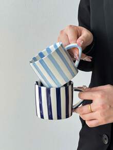 1pc New Handpainted Striped Coffee Cup & Saucer Set, Nordic Creative Personalized Vertical Striped Ceramic Mug, Classic Striped & Minimalist Personalized Breakfast Cup, Tea Cup, Coffee Cup - Gift Box Packaging Is The Perfect Birthday And Holiday Gift, Suitable For Home Use, A Great Gift For Him, Fun Cups.