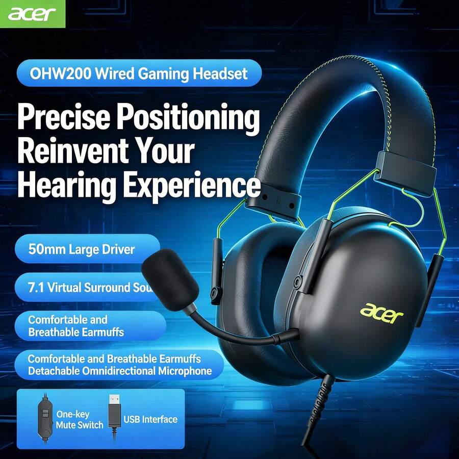 Acer Auriculares con cable para juegos OHW200 con USB 7.1, sonido envolvente virtual, posicionamiento preciso Delta Force, micrófono desmontable para grabación de audio de alta definición, aptos para uso en computadoras y oficinas, excelente relación calidad-precio. - Negro - Ver 1