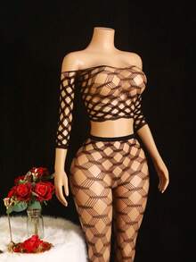 2pcs Women's Black Sleeve Bodysuit & Leggings Mesh Lingerie Set, Minimalist & Mature Style - Black - View 3