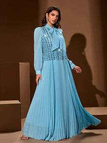 Solessence Women's Elegant Long Sleeve Dress With Draped Neckline, Embroidered Beaded Details, Pleated Hem, Suitable For Festivals, Daily Wear, And Dates. Soft And Comfortable. - Blue - View 4