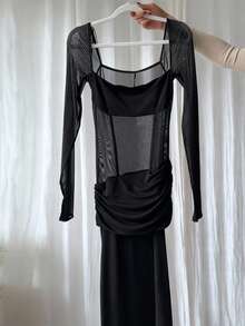 Women's Elegant Sexy Maxi Dress, Square Neck Long Sleeve Mesh Patchwork Fitted Long Dress, Solid Color Sexy Knit Fabric Mesh Splice Elegant Evening Party Dress, Spring/Summer - Black - View 10