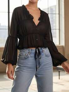 Women Autumn Tops Puff Long Sleeve V Neck Solid Color Button Down Smocked Loose Fit Blouse - Black - View 3