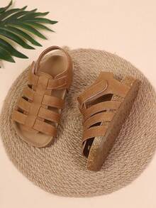 夏季新款儿童软底纯色编织简约时尚平底凉鞋，幼儿鞋 - 棕色 - 查看 4