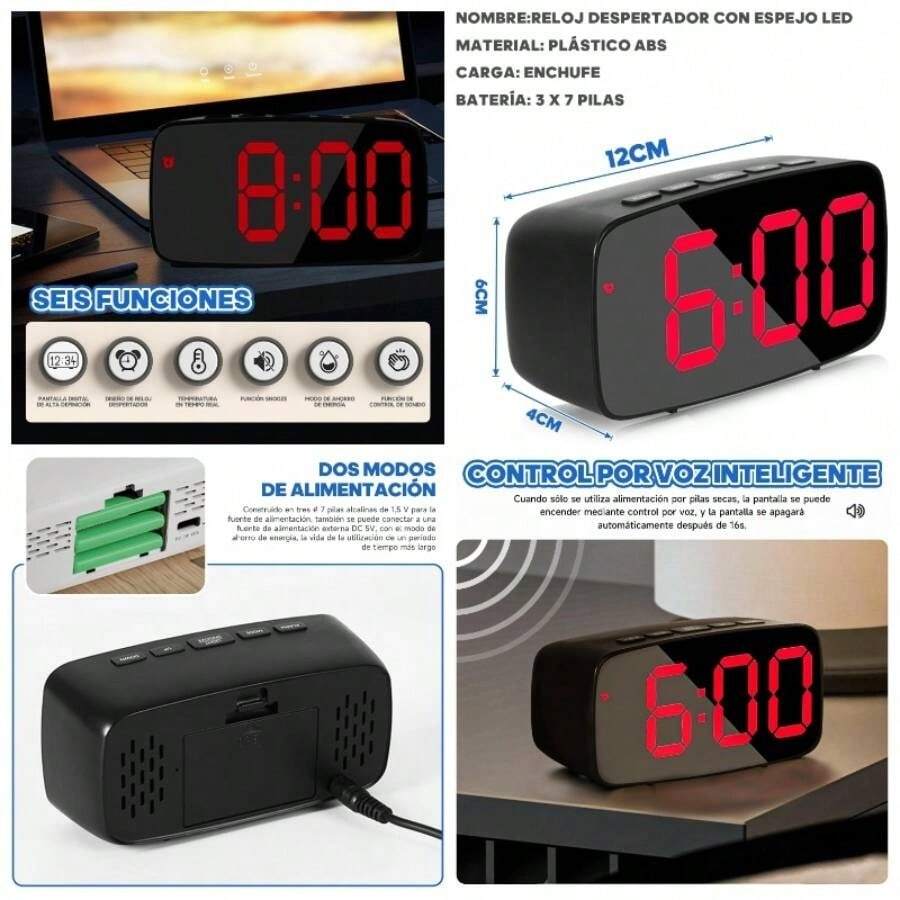 Reloj Despertador Digital, Reloj Escritorio con Luminosidad Regulable y Indicacion de Fecha y Temperatura, Reloj con Puerto de Carga Rojo - Rojo - Ver 1