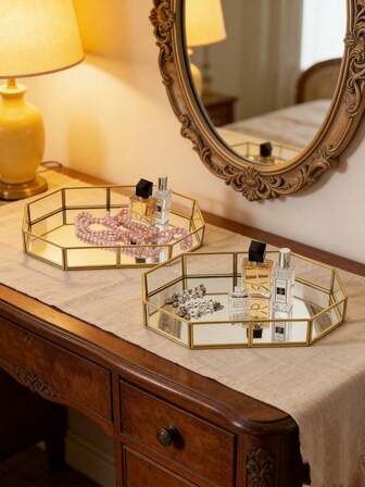 1 st spegelglas fåfänga dekorativ bricka dekor guld utsmyckad smink vintage åttkantig parfym byrå smyckesmycken arrangör för badrumsförvaring heminredning