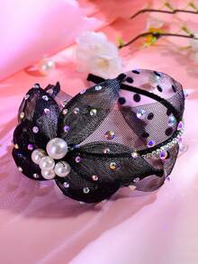 1pc Pearl Flower Headband With Rhinestone Mesh Hollow Wide Hairband, Suitable For Bride, Wedding, Party, Festival Gift, Date, Casual Wear, Hair Hoop
