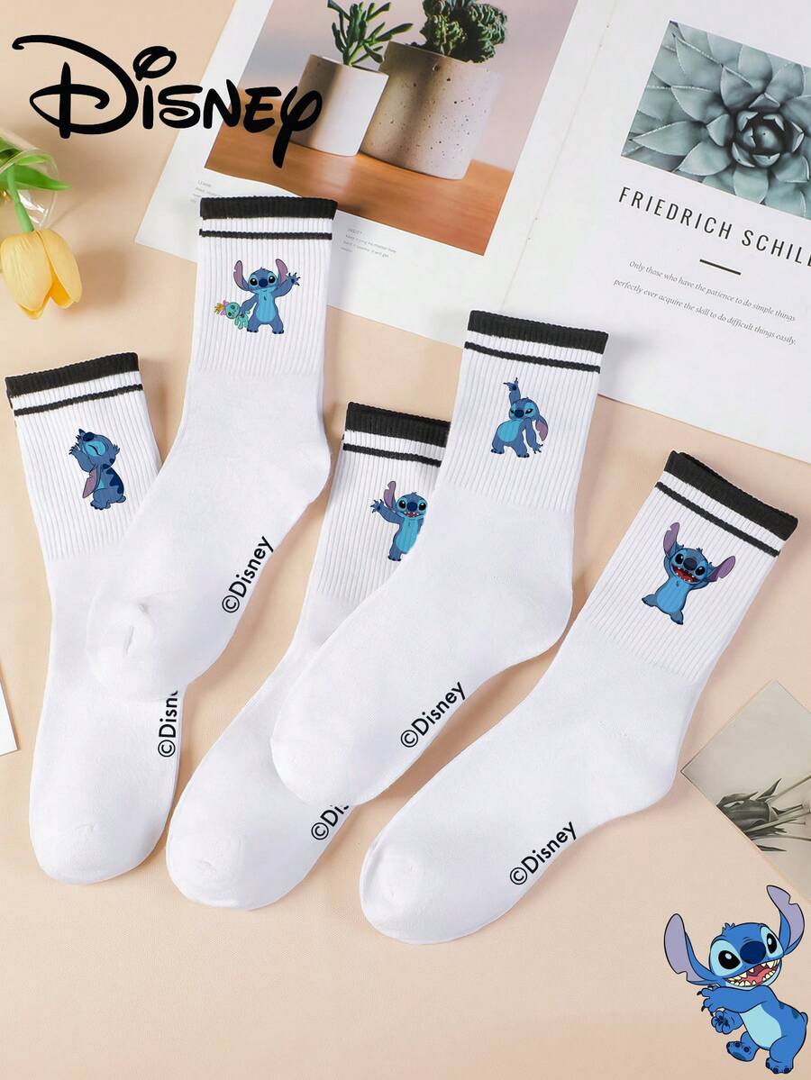 1 Pair/5 Pairs/10 Pairs Women's Mid-Calf Socks - Disney Stitch Pattern Mid-Calf Socks, Black Striped Athletic Mid-Calf Socks, Versatile Style, Suitable For Daily Wear And As Holiday Gifts - Multicolor - View 1