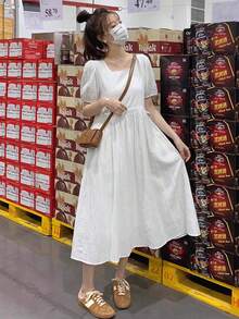 [Y6Y] 优雅白色A字中长连衣裙，方领短泡泡袖，提花织物，收腰设计，适合休闲或派对穿着 - 白色 - 查看 15