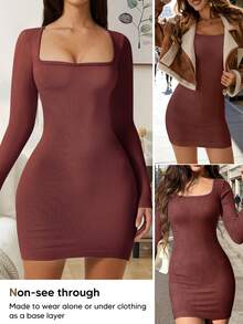 Women's Black Bodycon Dress, Square Neck Ribbed Long Sleeve Fitted Mini Dress