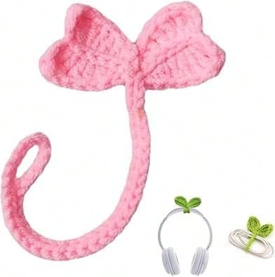 Pink Crochet Leaf Sprout Headphone Accessory, Knitted Plant Cable Tie, Decorative Bookmark Gift - 彩色 - 查看 1