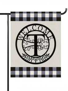 1pc Letter Combination Decorative Welcome Garden Flag, 12*18 Inches Double-Sided Printing, Plaid Pattern Black Garden Flag With Letter Decor, Suitable For Outdoor Yard Decoration, Flagpole Not Included - Black and White - View 1