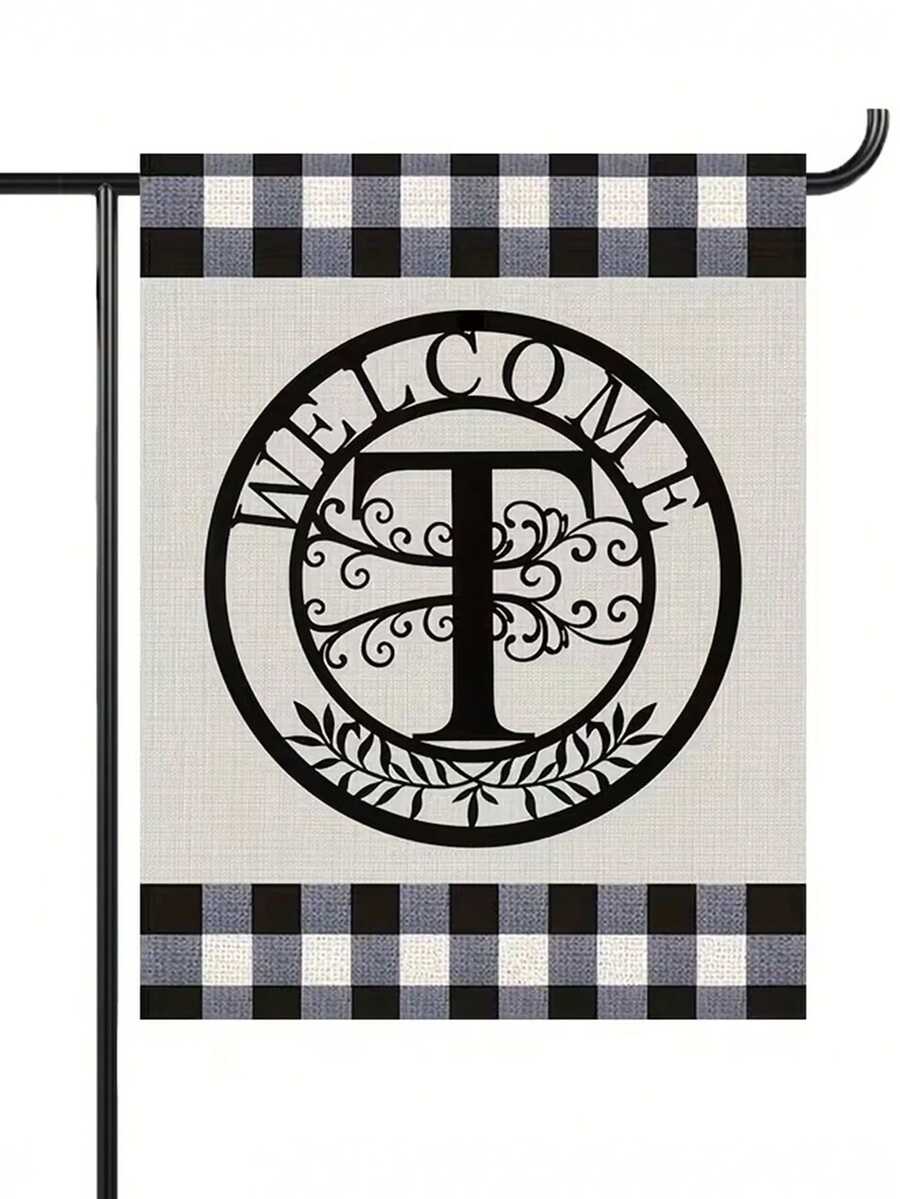 1pc Letter Combination Decorative Welcome Garden Flag, 12*18 Inches Double-Sided Printing, Plaid Pattern Black Garden Flag With Letter Decor, Suitable For Outdoor Yard Decoration, Flagpole Not Included - Black and White - View 1