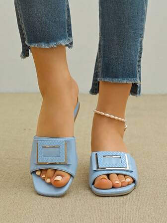 女士纯色露趾扣带厚底凉鞋，夏季度假风格粗跟低跟方头凉鞋