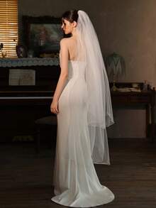 1件双层卷边新娘头纱，带发梳，婚礼摄影头饰，婚纱配饰