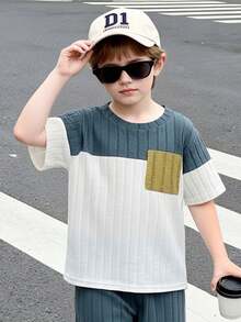 两件套幼儿男童夏季短袖T恤和短裤套装，罗纹面料，撞色设计，宽松版型，舒适休闲，适合上学、日常穿着和周末外出。 - 霧霾藍 - 查看 4