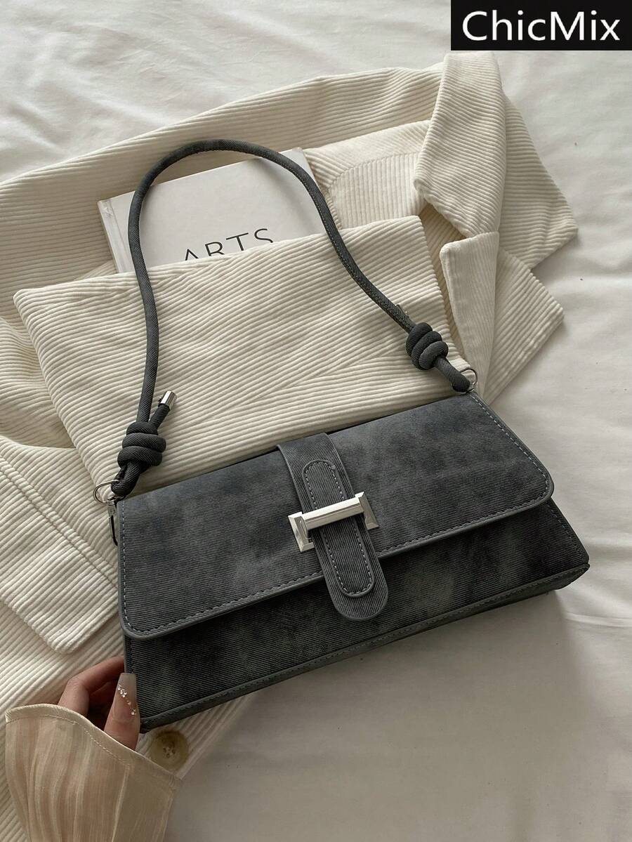 时尚纯色复古简约优雅单肩包 - 灰色 - 查看 1