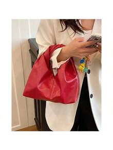 A Red Soft PU Knotted Pleated Handbag, Minimalist Style Patchwork Women's Tote Bag, Perfect For Work And Commuting, Mother's Day Gift For Mom, Solid Color Bag - Red - View 5