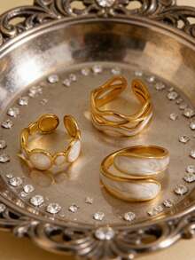 3pcs Elegant Line Circle Drip Oil Stainless Steel Adjustable Ring Set, Suitable For Daily Wear And Holiday Gifts - As Shown - View 3