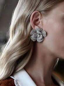 STONEFANS 2pcs Rose Flower Crystal Earrings, Elegant Party Dress Accessories, Leaf Design Earrings, Suitable For Valentine's Day Gift - Silver - View 1